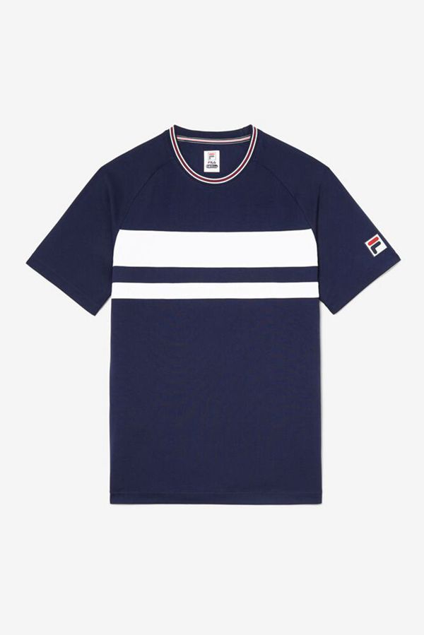 Camisetas Fila Homem Azul Marinho - Fila Double Stripe Sleeve Tennis En Portugal,JIVX-64790